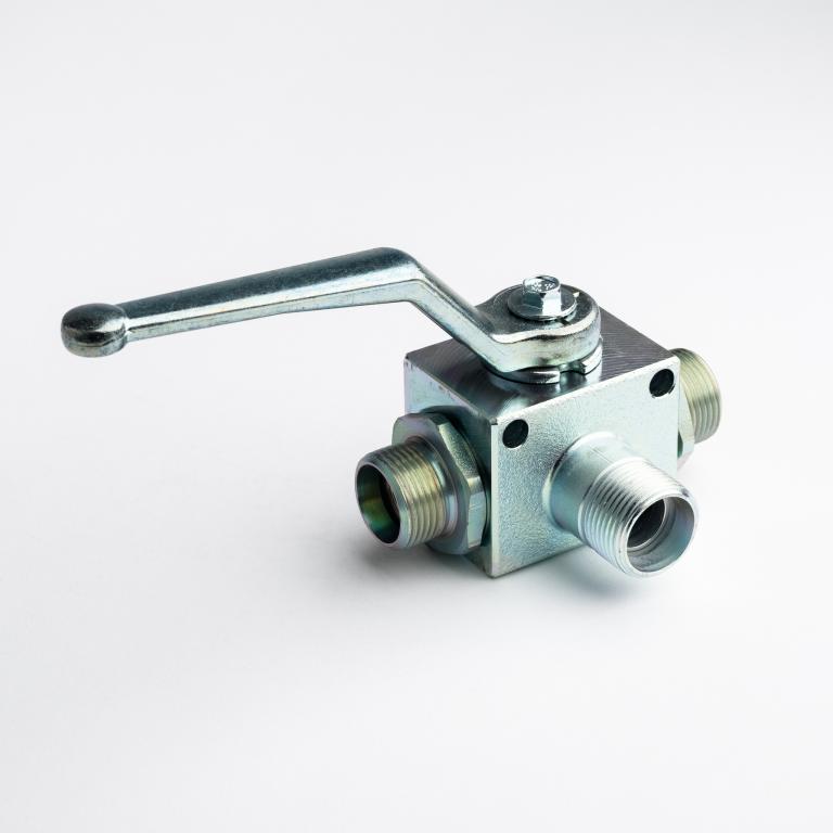 Three ways valve L Type, metric thread. outside thread with fixing holes