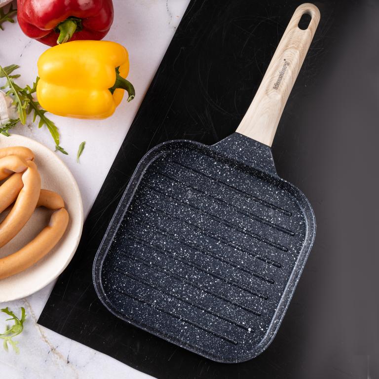 Patelnia grillowa z powłoką nieprzywierającą, czarna z drewnianą rączką, 36x18,5x2,5cm, Klausberg, KB-7810