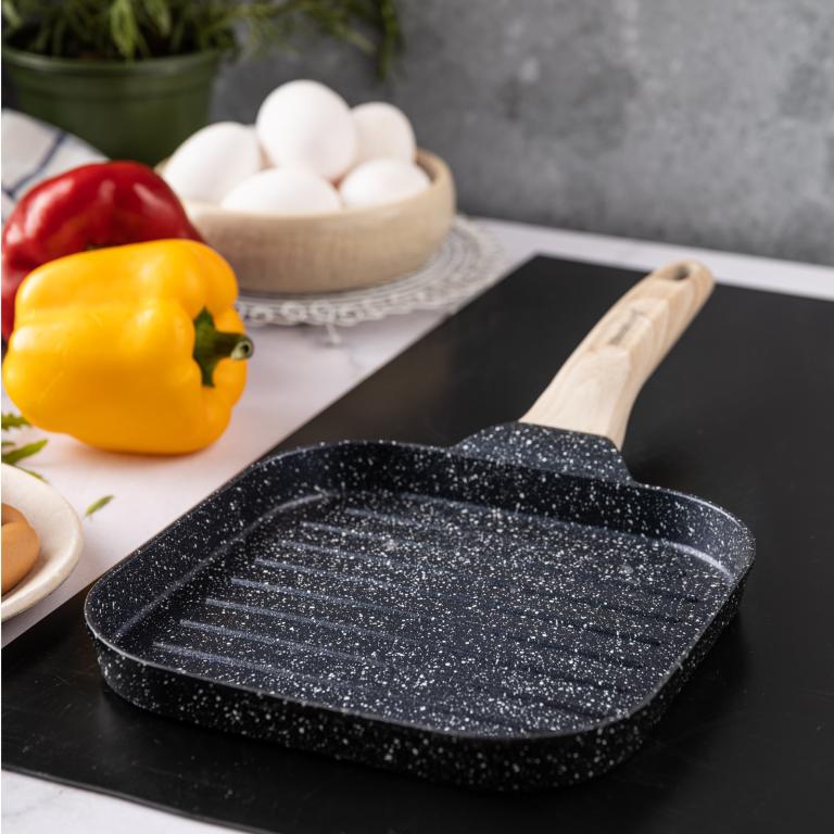 Patelnia grillowa z powłoką nieprzywierającą, czarna z drewnianą rączką, 36x18,5x2,5cm, Klausberg, KB-7810