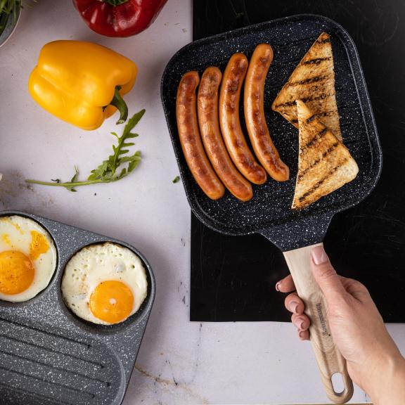 Patelnia grillowa z powłoką nieprzywierającą, czarna z drewnianą rączką, 36x18,5x2,5cm, Klausberg, KB-7810