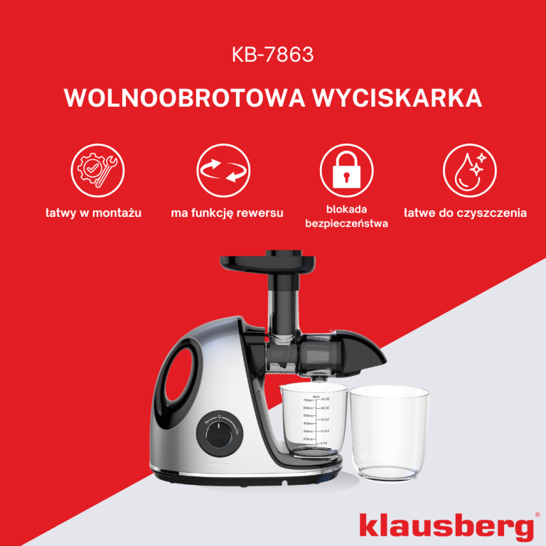 Wyciskarka wolnoobrotowa do owoców i warzyw, pozioma z uchwytem, 150W, szara, Klausberg, KB-7863