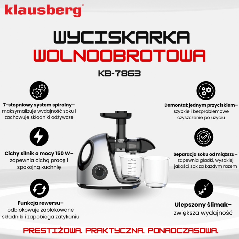 Wyciskarka wolnoobrotowa do owoców i warzyw, pozioma z uchwytem, 150W, szara, Klausberg, KB-7863