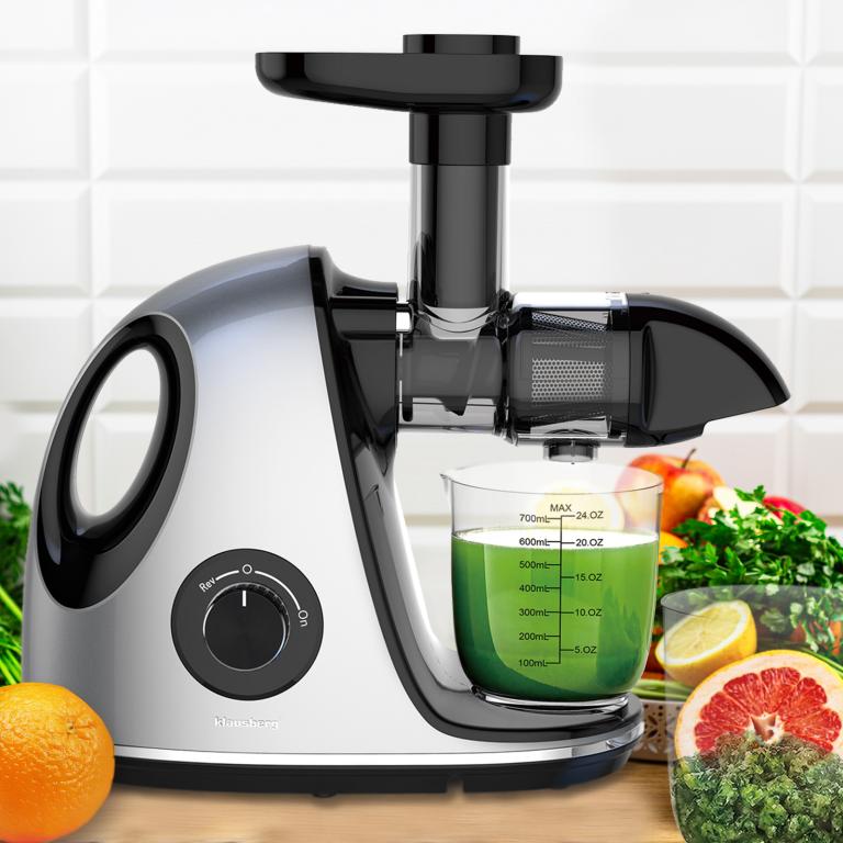 Wyciskarka wolnoobrotowa do owoców i warzyw, pozioma z uchwytem, 150W, szara, Klausberg, KB-7863