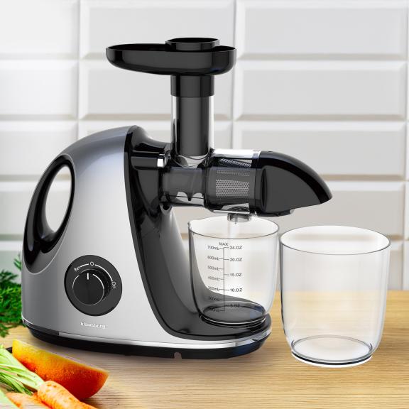 Wyciskarka wolnoobrotowa do owoców i warzyw, pozioma z uchwytem, 150W, szara, Klausberg, KB-7863