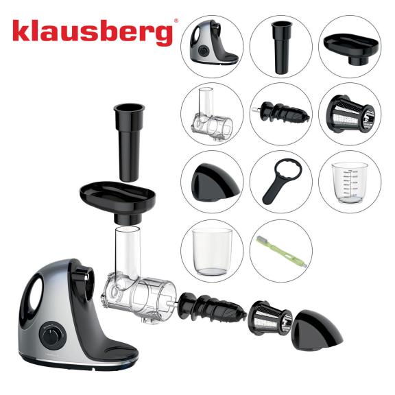 Wyciskarka wolnoobrotowa do owoców i warzyw, pozioma z uchwytem, 150W, szara, Klausberg, KB-7863