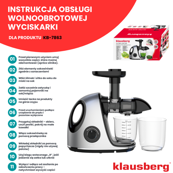 Wyciskarka wolnoobrotowa do owoców i warzyw, pozioma z uchwytem, 150W, szara, Klausberg, KB-7863