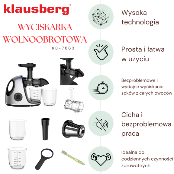 Wyciskarka wolnoobrotowa do owoców i warzyw, pozioma z uchwytem, 150W, szara, Klausberg, KB-7863