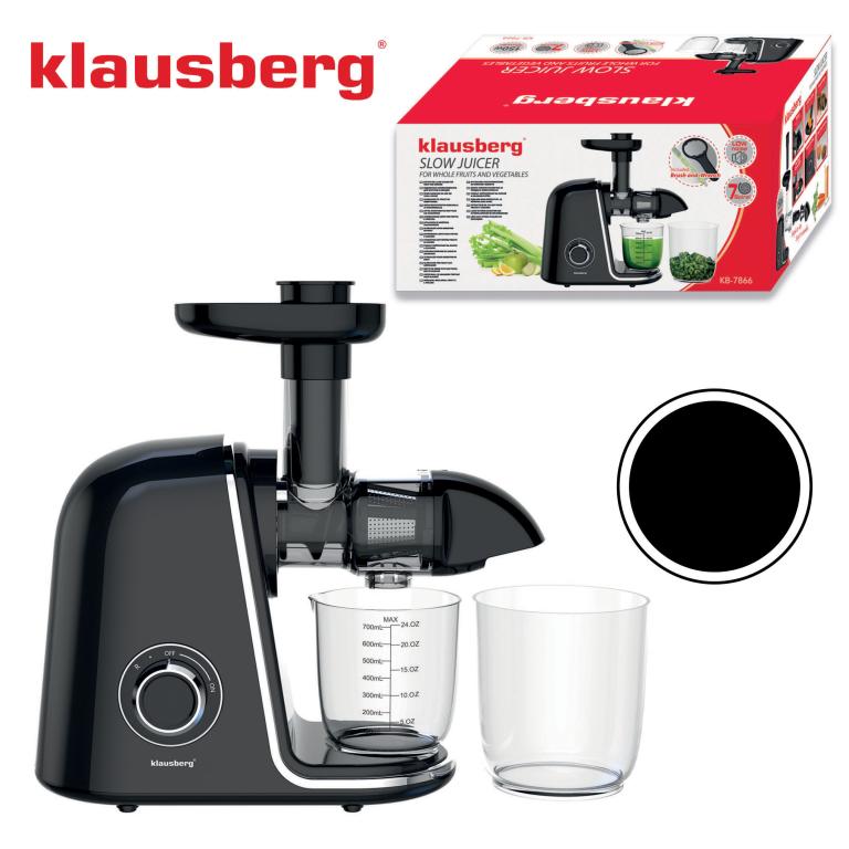 Wyciskarka wolnoobrotowa do owoców i warzyw, pozioma, czarna ze srebrnymi elementami , 150W, Klausberg, KB-7866
