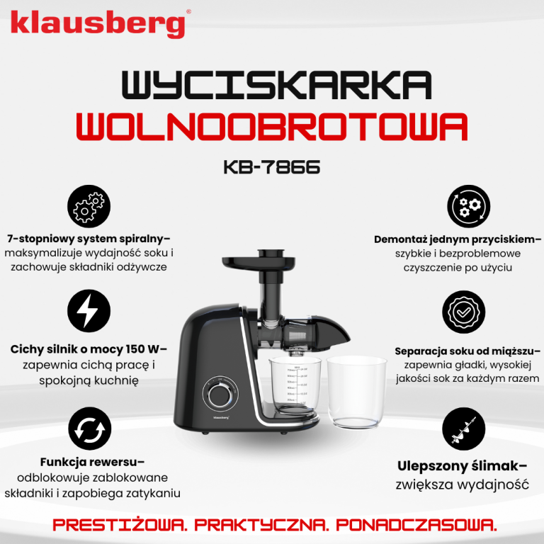 Wyciskarka wolnoobrotowa do owoców i warzyw, pozioma, czarna ze srebrnymi elementami , 150W, Klausberg, KB-7866