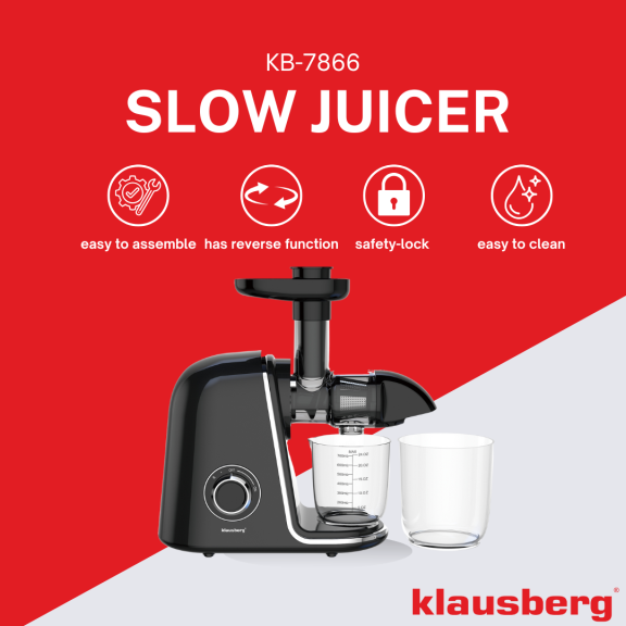 Wyciskarka wolnoobrotowa do owoców i warzyw, pozioma, czarna ze srebrnymi elementami , 150W, Klausberg, KB-7866