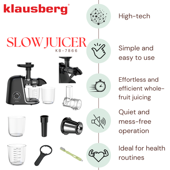 Wyciskarka wolnoobrotowa do owoców i warzyw, pozioma, czarna ze srebrnymi elementami , 150W, Klausberg, KB-7866