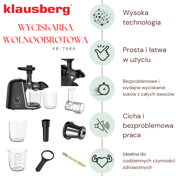 Wyciskarka wolnoobrotowa do owoców i warzyw, pozioma, czarna ze srebrnymi elementami , 150W, Klausberg, KB-7866