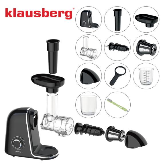 Wyciskarka wolnoobrotowa do owoców i warzyw, pozioma, czarna ze srebrnymi elementami , 150W, Klausberg, KB-7866