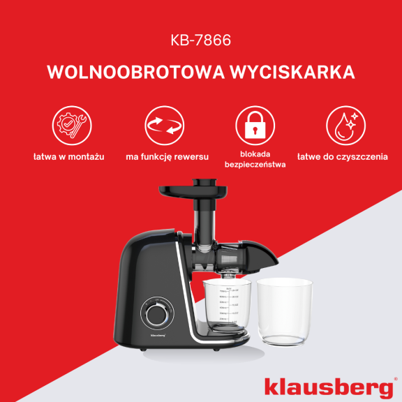 Wyciskarka wolnoobrotowa do owoców i warzyw, pozioma, czarna ze srebrnymi elementami , 150W, Klausberg, KB-7866