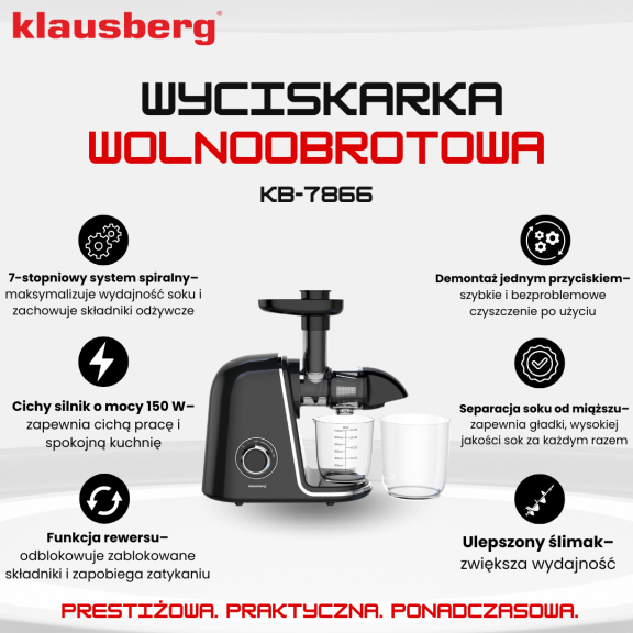 Wyciskarka wolnoobrotowa do owoców i warzyw, pozioma, czarna ze srebrnymi elementami , 150W, Klausberg, KB-7866