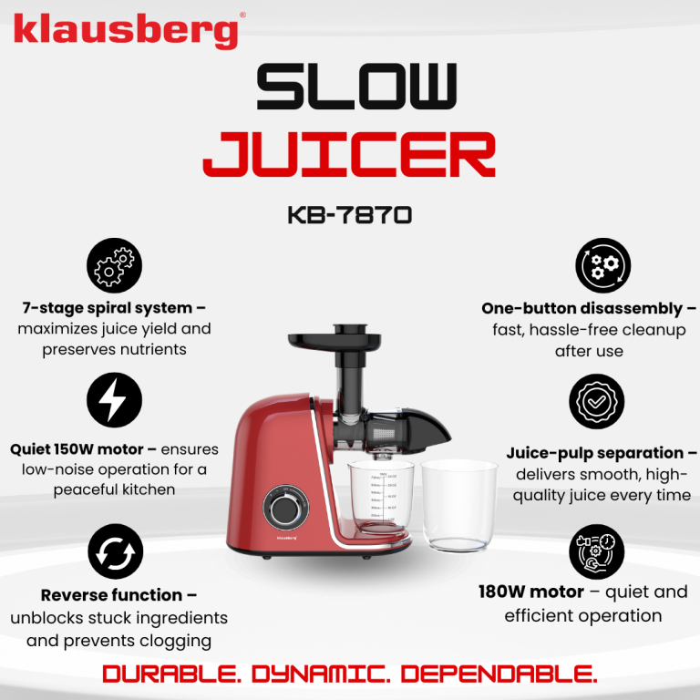 Wyciskarka wolnoobrotowa do owoców i warzyw, pozioma, wiśniowa czerwień, 150W, Klausberg KB-7870