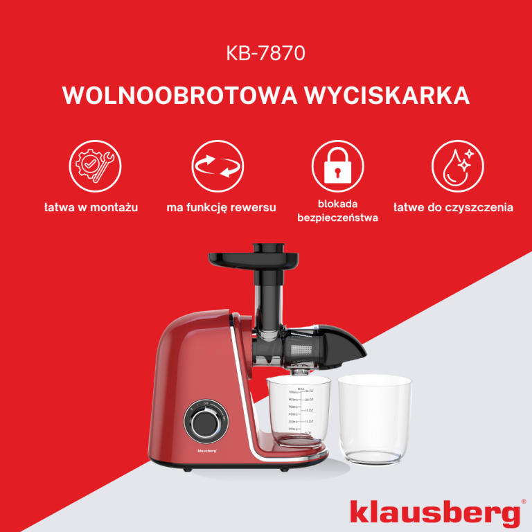 Wyciskarka wolnoobrotowa do owoców i warzyw, pozioma, wiśniowa czerwień, 150W, Klausberg KB-7870