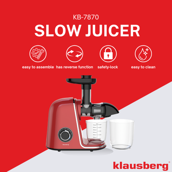 Wyciskarka wolnoobrotowa do owoców i warzyw, pozioma, wiśniowa czerwień, 150W, Klausberg KB-7870