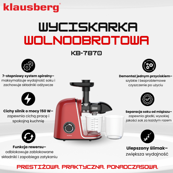 Wyciskarka wolnoobrotowa do owoców i warzyw, pozioma, wiśniowa czerwień, 150W, Klausberg KB-7870