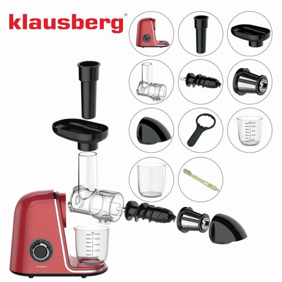 Wyciskarka wolnoobrotowa do owoców i warzyw, pozioma, wiśniowa czerwień, 150W, Klausberg KB-7870