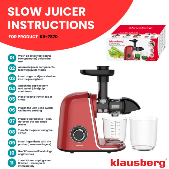 Wyciskarka wolnoobrotowa do owoców i warzyw, pozioma, wiśniowa czerwień, 150W, Klausberg KB-7870