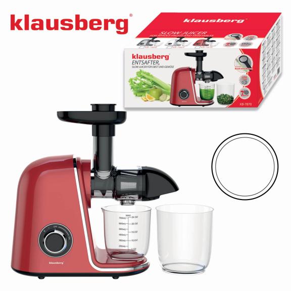 Wyciskarka wolnoobrotowa do owoców i warzyw, pozioma, wiśniowa czerwień, 150W, Klausberg KB-7870