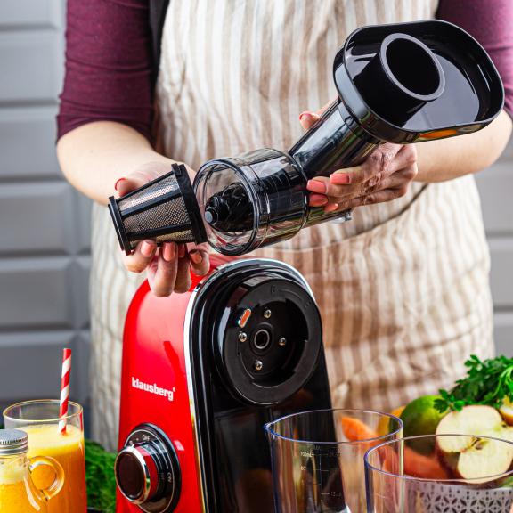 Wyciskarka wolnoobrotowa do owoców i warzyw, pozioma, wiśniowa czerwień, 150W, Klausberg KB-7870