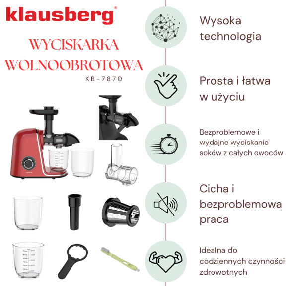 Wyciskarka wolnoobrotowa do owoców i warzyw, pozioma, wiśniowa czerwień, 150W, Klausberg KB-7870