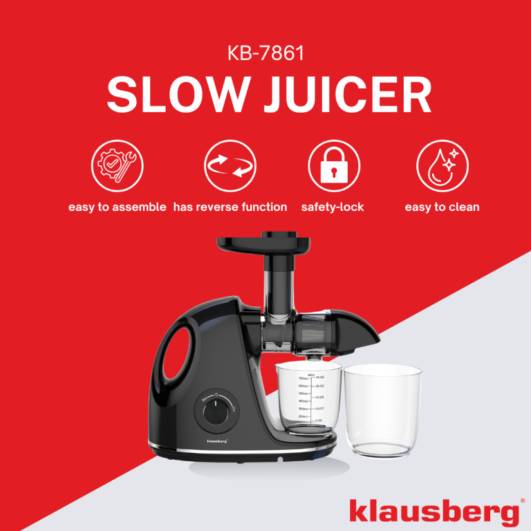 Wyciskarka wolnoobrotowa do owoców i warzyw, pozioma z uchwytem, 150W, czarna, Klausberg, KB-7861
