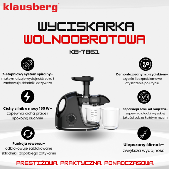 Wyciskarka wolnoobrotowa do owoców i warzyw, pozioma z uchwytem, 150W, czarna, Klausberg, KB-7861