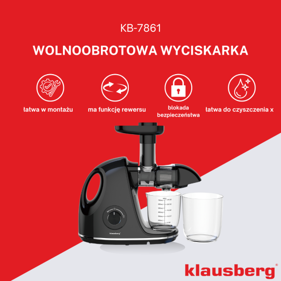 Wyciskarka wolnoobrotowa do owoców i warzyw, pozioma z uchwytem, 150W, czarna, Klausberg, KB-7861