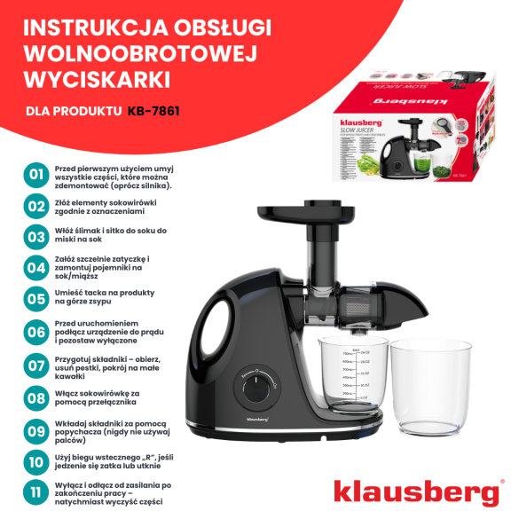 Wyciskarka wolnoobrotowa do owoców i warzyw, pozioma z uchwytem, 150W, czarna, Klausberg, KB-7861
